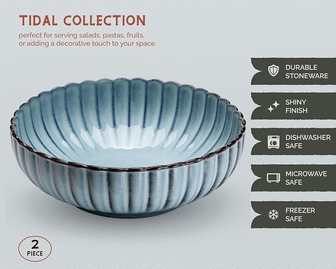 Serving Bowls, Durable Ceramic, Large, Microwave and Dishwasher Safe, Scalloped Shell Shape, Ombre Blue, 70 oz, Set of 2, Tidal Collection