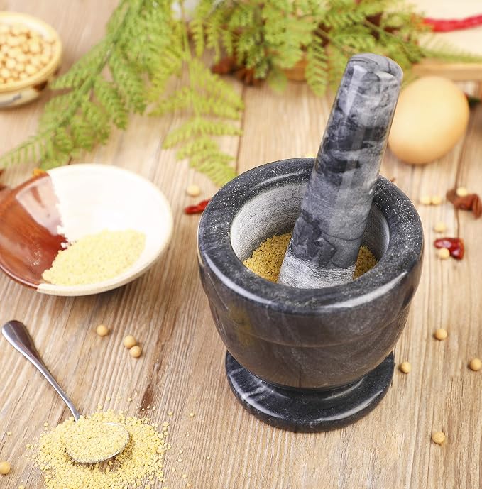 Mortar and Pestle Marble Set for Spices Pestos Seasonings Pastes Guacamole Bowl Herb Grinder Easy to Clean Included:Silicone Mat,Brush,Stainless Steel Spoon 4.33inch(Small,Black Gray)