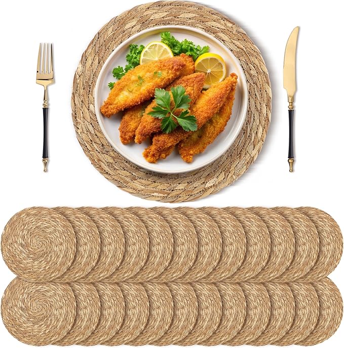Kochorie Set of 24 Round Woven Placemats 13.8 Inches Bulrush Placemats Natural Hand-Woven Boho Rattan Placemats Wicker Table Mats Farmhouse Weave Place Mats for Home Dining Table