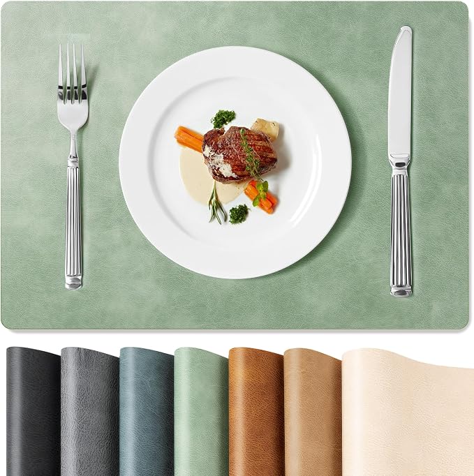 Roxifina Faux Leather Placemats Set of 4 - Vinyl Placemats Wipeable Waterproof Oil-Proof PU Place Mats Heat Resistant Reversible Table Mats for Dining, Kitchen, Outdoor, 12 x 17 Inch (Green)