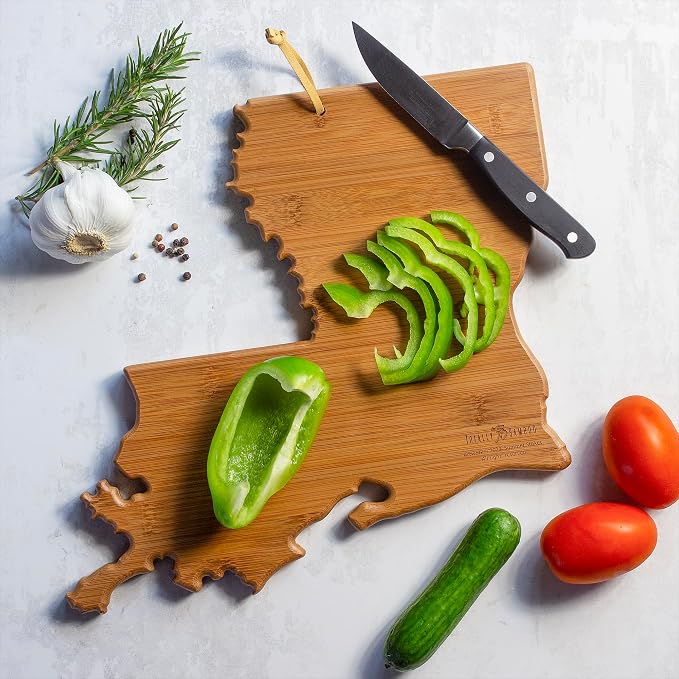 Totally Bamboo Louisiana State Shaped Cutting Board, Summer Stokes Art | State charcuterie board with colorful hand-drawn landscape art. Smooth reverse side for food prep. Hang tie for wall display.