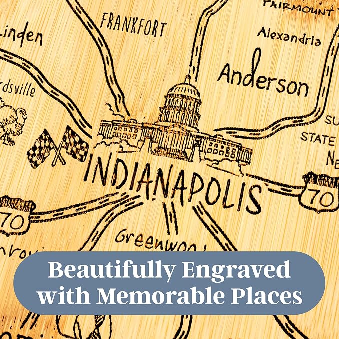 Totally Bamboo Destination Indiana State Shaped Cutting Board | State charcuterie serving board with engraved map artwork. Smooth reverse side for food prep. Hang tie for wall display.