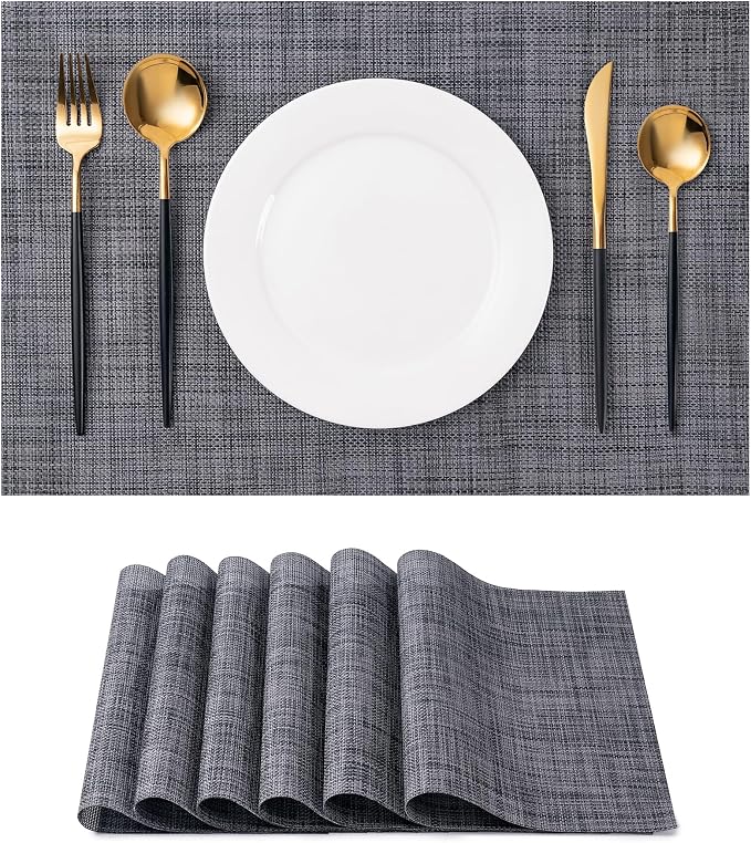 Placemats Set of 6 Washable Indoor(Black) | Outdoor Vinyl Place Mats for Dining Table Durable Non-Slip Heat Resistant PVC Weave Table Mats