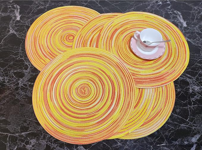 Zupro Round Placemats Set of 6,Braided Cotton Table Mats Heat Resistant Non-Slip Washable,for Kitchen Dining Tables Four Seasons Dinner Parties Thanksgiving Christmas and Everyday Use.Yellow