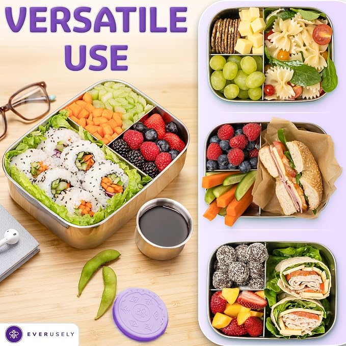 Stainless Steel Bento Box + Condiment Container - Lavender, 47oz / 1.4 L | Everusely large metal lunch box, leakproof sauce container, 3 compartment snack organizer, freezer & dishwasher safe