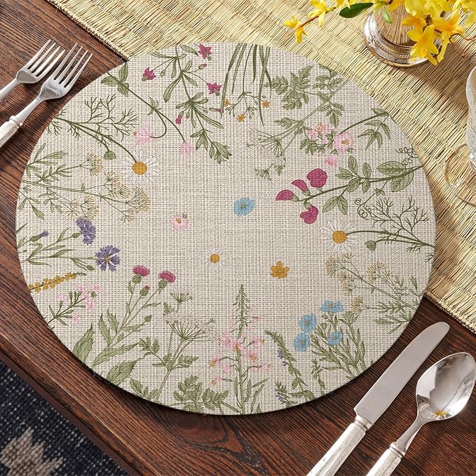 Artoid Mode Wildflower Vinyl Round Placemats Set of 4, 14 Inch Washable Non-Slip Platic PVC Table Mats for Party Kitchen Dining Decor