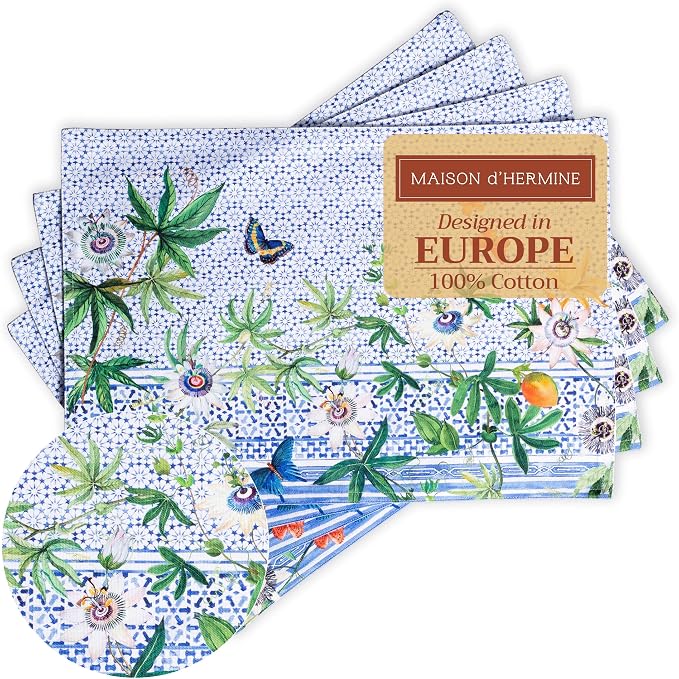 Maison d' Hermine Placemats Set of 4 Reusable 100% Cotton (13"x19") | Cloth Place Mats Washable Table Mats for Kitchen Dining Party Wedding Hotel Home Restaurant Spring Summer - Passiflora