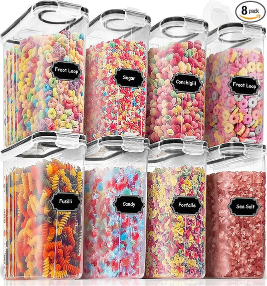 PRAKI Cereal Containers Storage Set (4L,135.2 Oz), 8PCS Airtight Food Storage Containers with Lids for Kitchen & Pantry Organizers and Storage, Cereal Dispensers with 20 labels, Measuring Cup & Marker