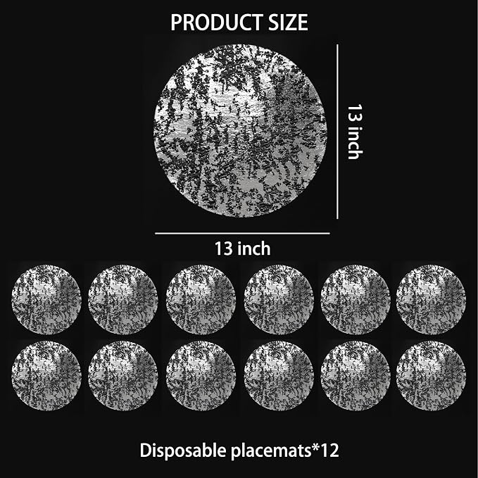 Snowkingdom Silver Disposable Placemats Set of 12 Foil Mesh 13 Inch Round Pressed Table Mates 12 Pack Silver Doilies for Dining Table Wedding Birthday Party Holiday Home Decoration