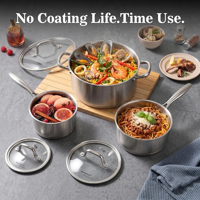Rorence 3-Piece Stainless Steel Pots and Pans Set,1.5Qt/2.5Qt Saucepans,6Qt | Tri-Ply Base & All Stovetop Compatibility，Glass Lids & Oven Safe Design
