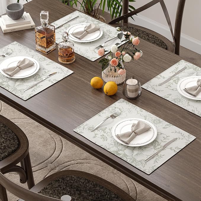 JINCHAN Alice Linen Floral Placemats Set of 4 Farmhouse 13x19 Inch Green | Fabric Placemats, Cottage Style, Floral Line Art, Machine Washable, Easy to Store, Reusable