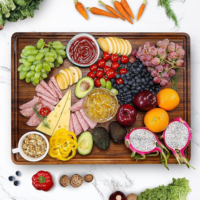 XL Large Solid Walnut Wood Cutting Board for Kitchen 20x15 in | Juice Groove Handles, Non-slip Mats,Thick Reversible Butcher Block, Chopping Board Cheese Charcuterie Board