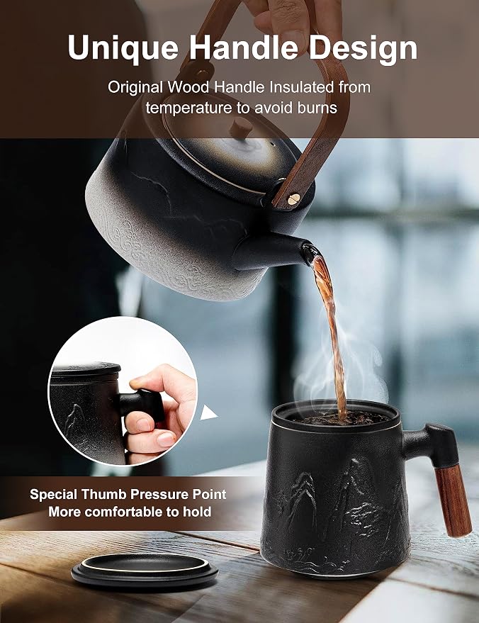 suyika Ceramic Tea Cup with Infuser and Lid, Gradient Embossed Large Tea Mug Wooden Handle for Steeping Loose Leaf, Tea Lover Gifts 15.2 oz / 450 ml,Matte Black
