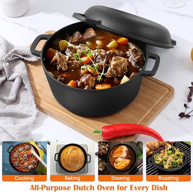 E-far 5QT Dutch Oven for Bread Baking, 2-IN-1 Cast Iron Pot with Skillet Lid & Sourdough Starter Kit, Bread Oven Pan with Baking Supplies for Frying, Braising, BBQ, Rust-Free & Heavy Duty