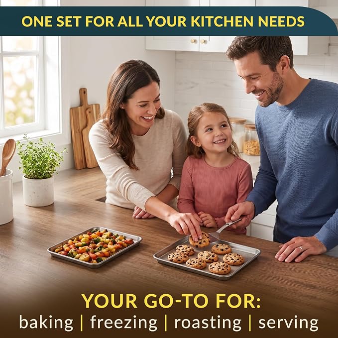Stainless Steel Cookie Sheet Set of 2, 9" Baking Sheet Pans, Non-Stick | Mirror finish & rust-resistant; BPA-free and dishwasher safe; ideal for everyday oven roasting