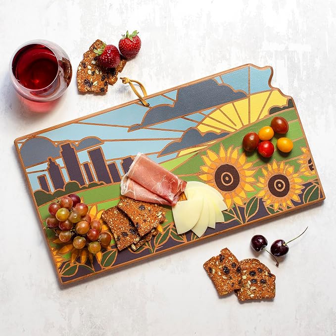 Totally Bamboo Kansas State Shaped Cutting Board, Summer Stokes Art | State charcuterie board with colorful hand-drawn landscape art. Smooth reverse side for food prep. Hang tie for wall display.