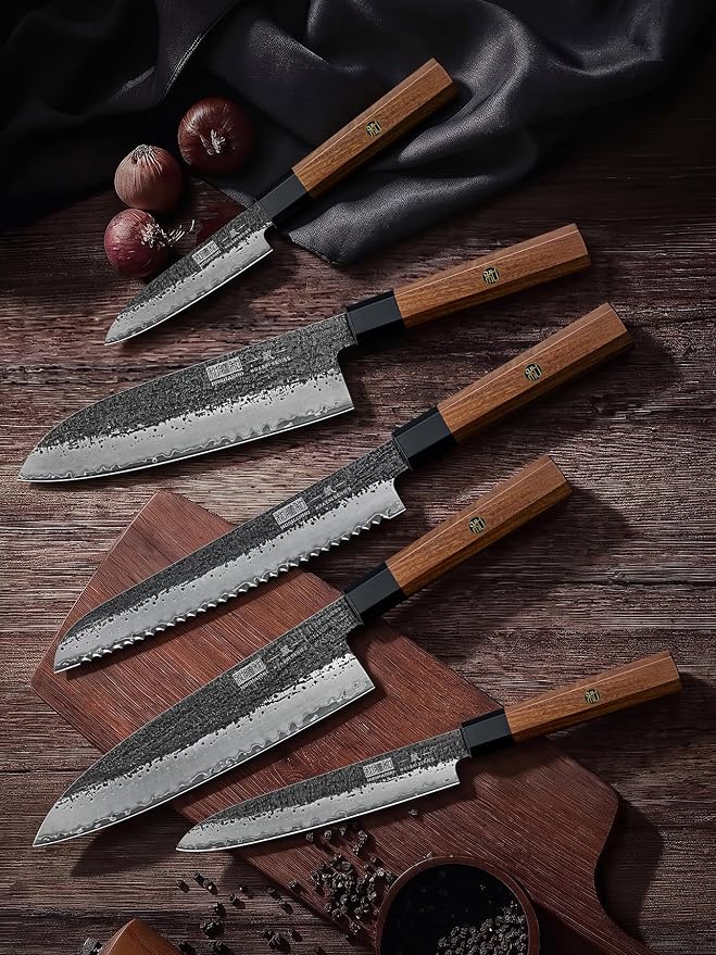 HOSHANHO 5 Pieces Knife Set, 10CR15MOV High Carbon Steel Chef Knife Set | Razor Sharp Japanese Kitchen Knife Set for Daily Prep, Professional Knives Set for Kitchen with Ergonomic Rosewood Handle