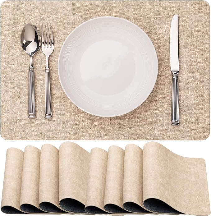 Baroyal Faux Leather Placemats Set of 8 Vinyl Washable Wipeable Table Mats for Kitchen Dining Table Heat Resistant Waterproof Modern Indoor/Outdoor Placemats Non-Slip Easy Clean Place Mats (Beige)