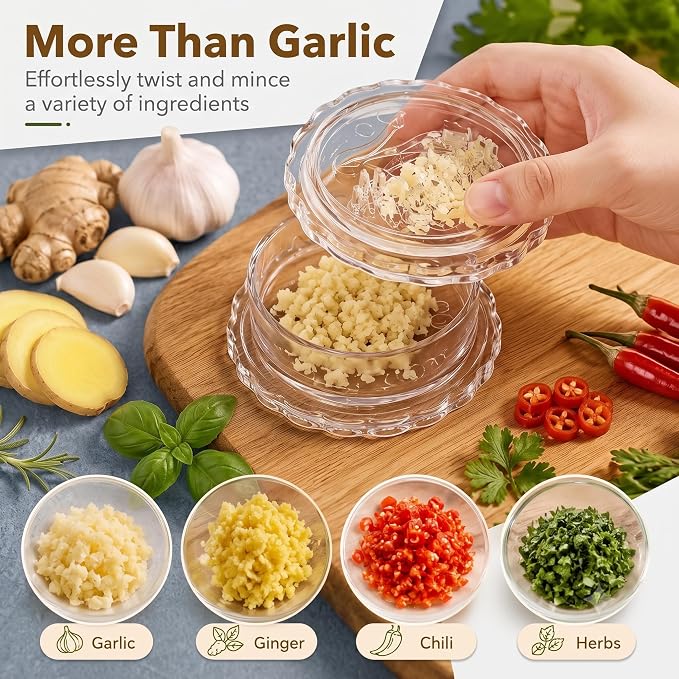 2pcManual Garlic Twister,Manual Garlic Crusher and Mincer, Transparent Twisting Garlic Chopper Tool, Multi-Functional Handheld Grinder for Ginger, Nuts, Herbs and Spices, Easy to Clean Kitchen Gadget