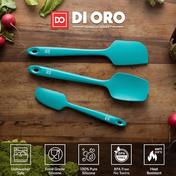 DI ORO Silicone Spatula Set - 600F Heat Resistant, 3-Pc Teal | Rubber scraper won't scratch nonstick pans; For baking, cooking, mixing, and frosting; BPA-free and dishwasher safe
