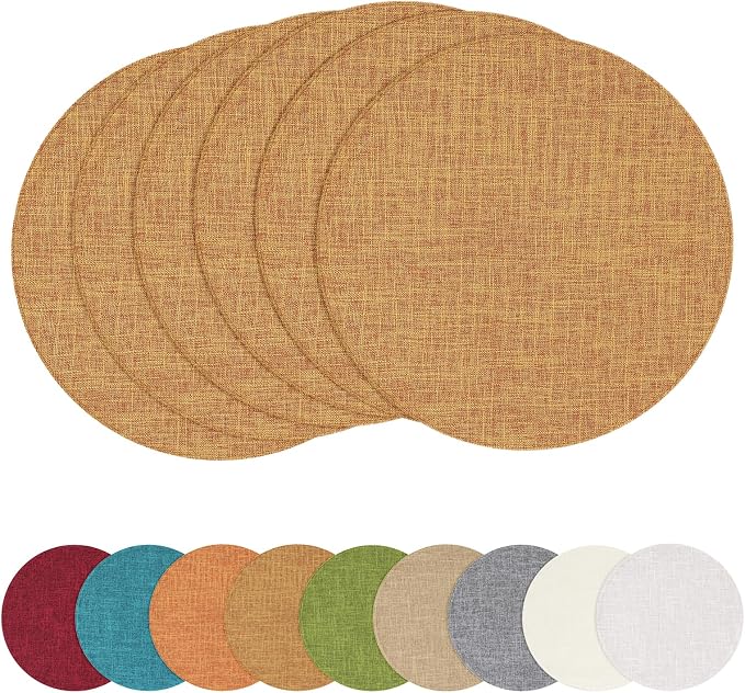 Cotton Linen 15 Inch Round Cloth Place mats, Set of 6, Amber | Washable Table Mats, Heat Resistant, Reversible, Wipeable Place Mats for Indoor Outdoor