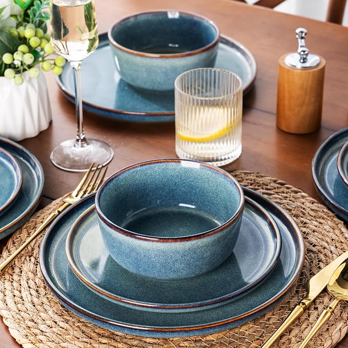 AmorArc Stoneware Dinnerware Sets for 4, 12Pcs Plates and Bowls Sets Dishes | Ceramic Round Reactive Glaze Dishes Set, Highly Scratch Resistant | Dishwasher & Microwave Safe Dishware