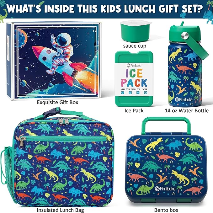 Fimibuke Bento Lunch Box for Kids - Toddler Boys Snack Bento Box Container | with 3 Compartments, 14oz Stainless Steel Water Bottle, Insulated Lunch Bag, Ice Pack Set for Ages 3-12 Daycare, Dinosaur