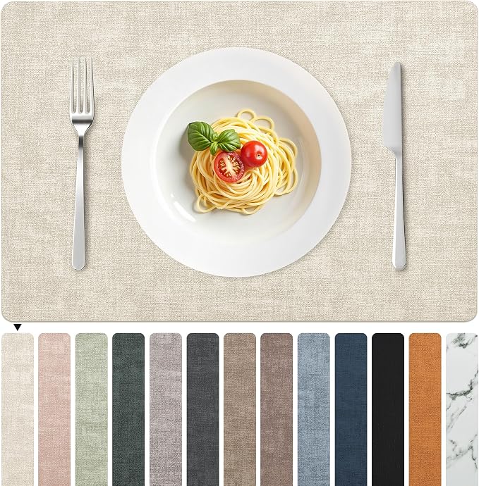FROMHEART Faux Leather PU Placemats Set of 8 (Beige,11.8" x 17") | Waterproof,Heat/Oil Stain-Resistant Table Mat–Reversible,Non-Slip,Easy to Clean Place Mats for Kitchen,Dining,Indoor/Outdoor