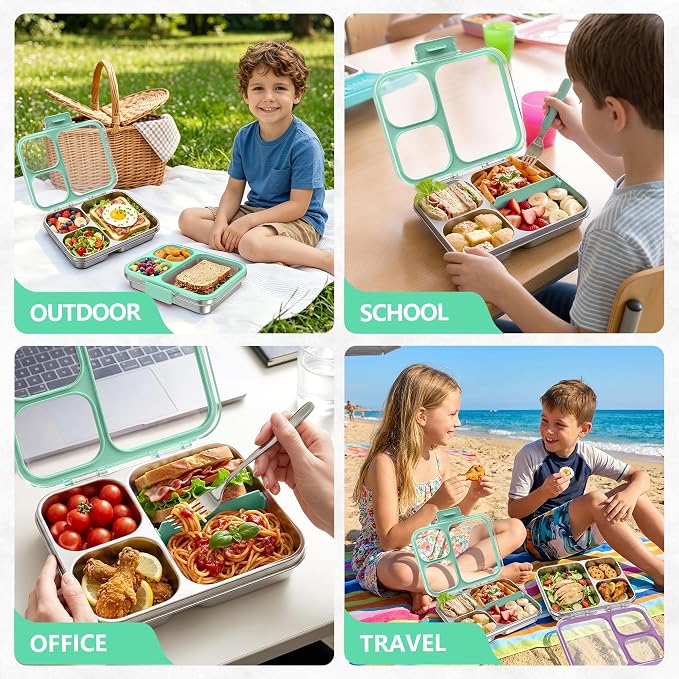 LOHASOK Stainless Steel Bento Lunch Box, 34oz/1000ml, Green | 3-Compartment, Leak Proof, Lightweight, Clear Plastic Lid, for Kids Adults, BPA/BPS Free, Dishwasher Safe