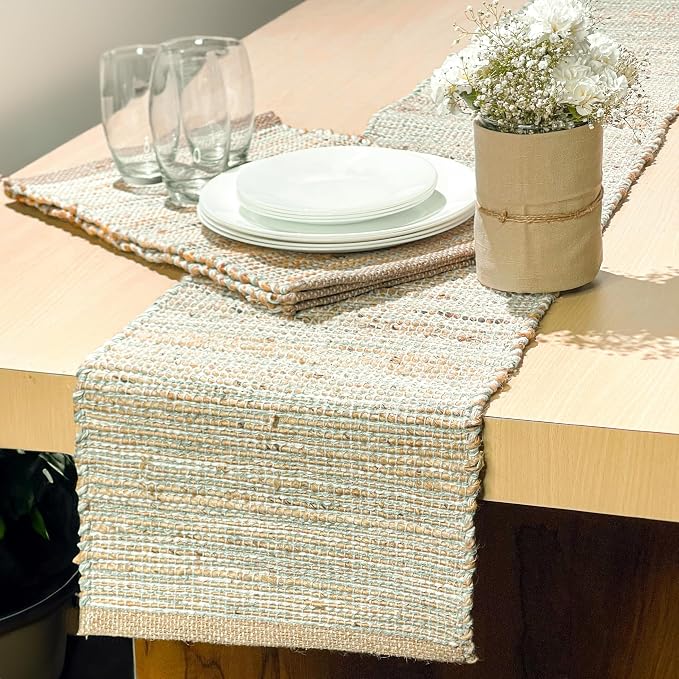 Natural Jute Table Runner, 13x90 Inch, Sage Green-White | Vintage Boho Rustic Decor, Handwoven, Farmhouse Dining, Console Table Accent