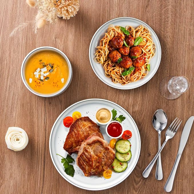 LIANYU 18 PCS Dinnerware Sets for 6, Stoneware Dinner Plates and Bowls Set | Dishware Dish for Home Kitchen Dining, Rustic Terracotta Bottom, Dishwasher & Microwave Safe, Lucent White