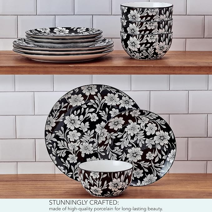 Pfaltzgraff Midnight Blooms 12 Piece Floral Stoneware Dinnerware Plate Bowl Dish Set, Service for 4, Black