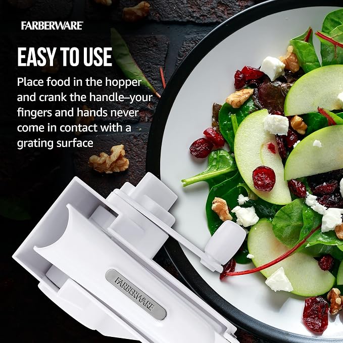Farberware Pro Rotary Cheese Grater, Hand Crank Parmesan Grater with Stainless Steel Drum, Ergonomic Handle, Dishwasher Safe, White