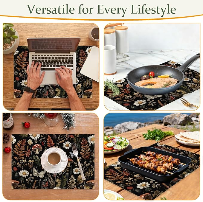 Cloth Placemats,Forest Mushroom Fabric Placemats Set of 6,Washable Rustic Herb Leaf Wildflower Table Mats,Decorative Place Mats for Dining Home Kitchen Holiday Party 11.8x17.7 Inch