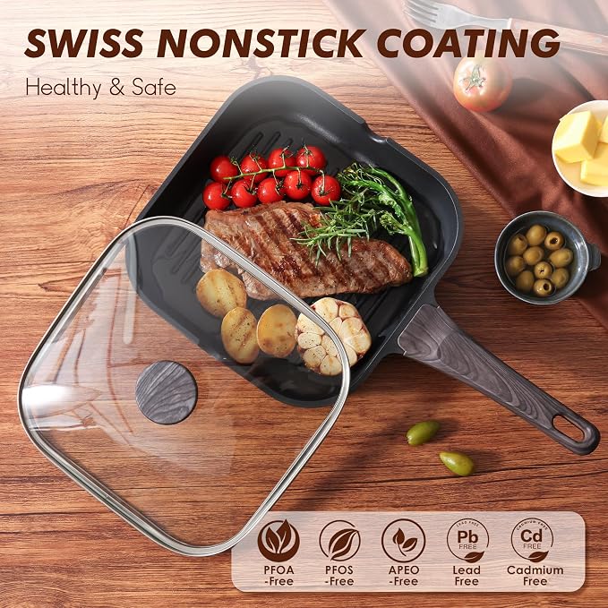 SENSARTE Nonstick Grill Pan with Lid, Grill Pan for Stove Tops, Versatile Griddle with Pour Spouts, Square Big Cooking Surface, Durable Skillet Indoor & Outdoor Grilling. PFOA Free