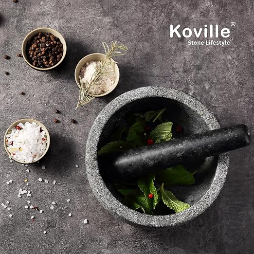 Granite Mortar and Pestle Set, 7"-4 Cups Unpolished Stone Grinder Bowl for Guacamole, Salsa, Pill Crusher, Spice, Herb, Garlic, Nut, Heavy Duty Grinder for Kitchen(Angola Silver Black)