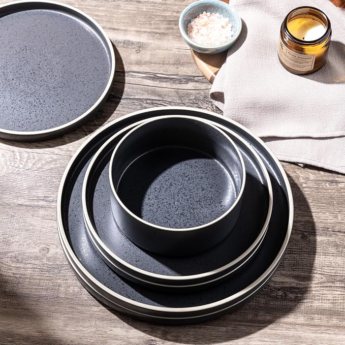 LERATIO Stoneware Dinnerware Sets for 6,18-Piece Matte Plates and Bowls Set | Handmade High Edge Rim ceramic Dish Set,Oven & Microwave,Dishwasher Safe,Scratch Resistant-Speckeld Black