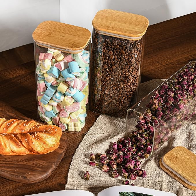 D2scrma 64oz Rectangle Airtight Glass Storage Containers with Bamboo Lids (Set of 4), Square Food Storage Jar, Pantry Organizers for Cereal, Flour, Pasta and Coffee beans (‎with Black Lable)