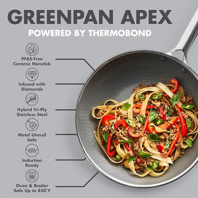 GreenPan Hybrid APEX 11" Tri-Ply Stainless Steel Wok, Ceramic Nonstick Pan | APEX Tri-Ply Pan, PFAS-Free Thermobond Nonstick, Induction & All Cooktop Compatible, Dishwasher & Oven Safe to 850F, Silver