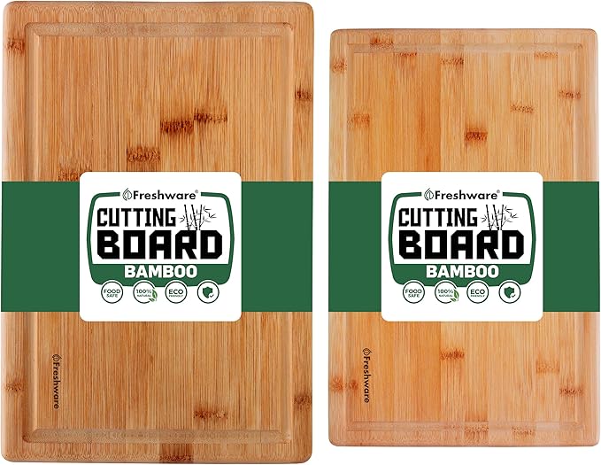 Bamboo Cutting Boards for Kitchen with Juice Groove [Set of 2] Wood Cutting Board for Chopping Meat, Vegetables, Fruits, Cheese, Knife Friendly Serving Tray with Handles