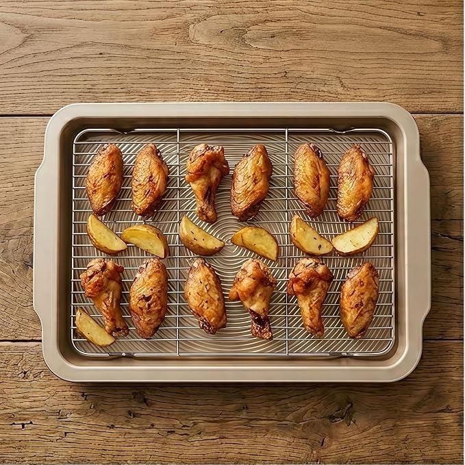 4-Piece Baking Set, 2 Nonstick 17'' Carbon Steel Baking Pans with 2 Raised Wire Racks | Deep Baking Sheets with Cooling Rack, Heavy Duty Baking Tray Cooking Sheet Pan, Kitchen Cookware Set