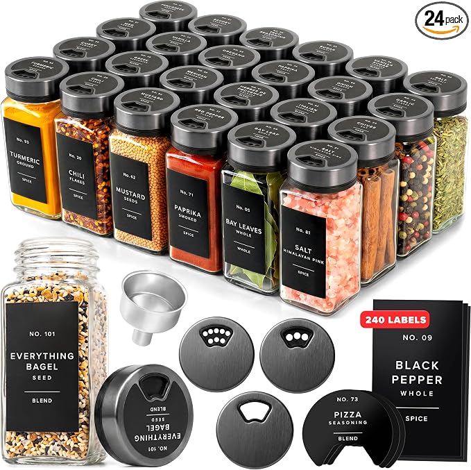 Glass Spice Jars with Label, Space Gray Sprinkle Lids (24 x 4oz) | Airtight Lids keep spices fresh, Kitchen Spice Drawer Organizer, 4oz Seasoning Containers incl. Funnel, Brush & 240 Labels