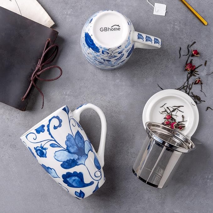 GBhome Tea Mug with Infuser and Lid,18 Ounce Ceramic Loose Leaf Cup Steeper | Lead-Free Glaze For Tea Lovers,Microwave & Dishwasher Safe with Tea Strainer
