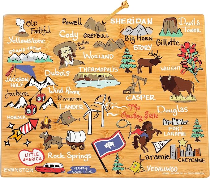 Totally Bamboo Wyoming State Shaped Cutting Board, Art by Fish Kiss | State charcuterie board with colorful hand-drawn map artwork. Smooth reverse side for food prep. Hang tie for wall display.