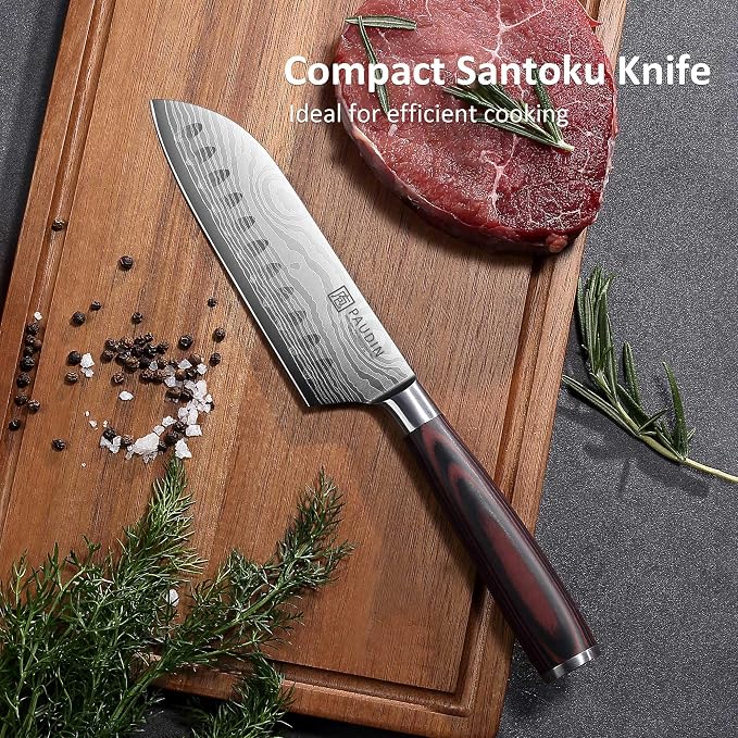 PAUDIN Santoku Knife, 5 inch Chef Knife, Ultra Sharp Kitchen Knife | Japanese Chef Knife with Sheath, High Carbon Stainless Steel, Ergonomic Pakkawood Handle