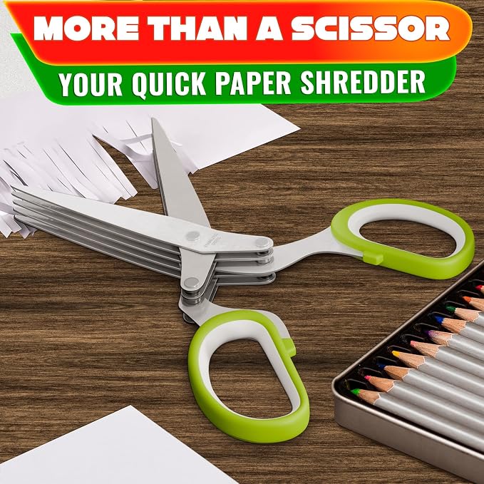 Herb Scissors with 5 Blades and Cover, Cleaning Brush, Even Cuts | Cilantro Cutter for Kitchen, Stainless Steel with Non-Slip Handle; Green Onion Scissors for Parsley, Salads and Greens