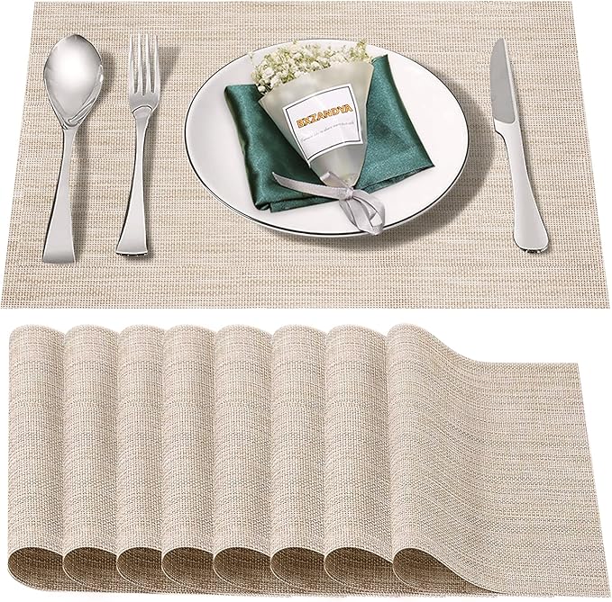Beige White Vinyl Placemats Set of 8,Washable PVC Table Mats | Heat resistant, stain resistant non slip vinyl place mats, washable beige white table placemats for dining table