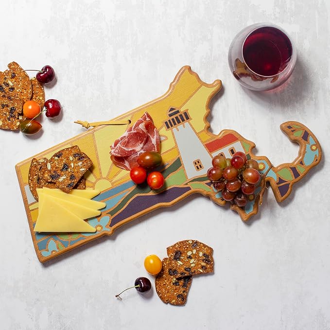 Totally Bamboo Massachusetts State Shaped Cutting Board, Summer Stokes Art | State charcuterie board with colorful hand-drawn landscape art. Smooth reverse side for food prep. Hang tie for wall display.