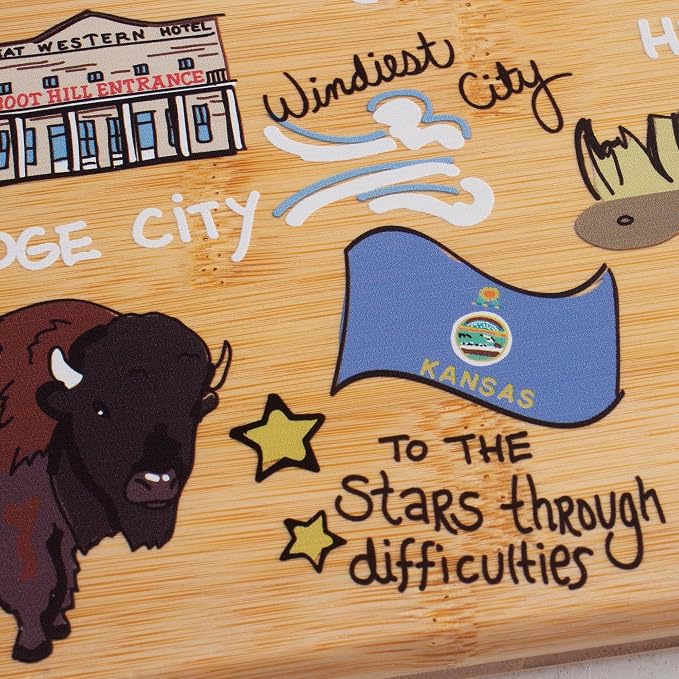 Totally Bamboo Kansas State Shaped Cutting Board, Art by Fish Kiss | State charcuterie board with colorful hand-drawn map artwork. Smooth reverse side for food prep. Hang tie for wall display.