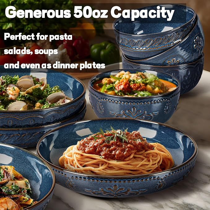 Pasta Bowls, 50oz Large Salad Serving Bowls, 9.75'' Plates Bowls Set of 4, Big Ceramic Soup Bowls for Kitchen, Embossment Shallow Dinner Bowl, Microwave Dishwasher Safe, Wheat Leaf, Blue